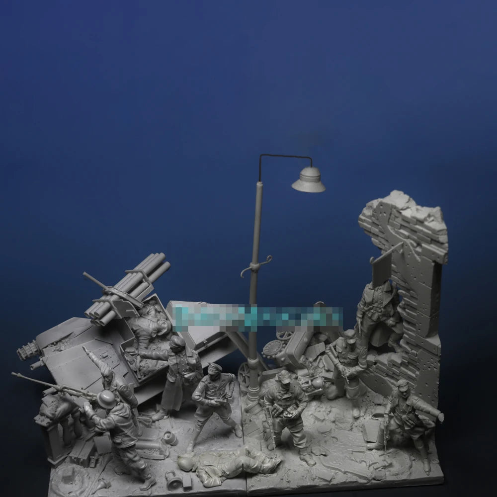 1/35 WWII Combat with Soldiers and Ruined Building, 9 Figures, Resin Model Diorama Kit, Unassembled and Unpainted