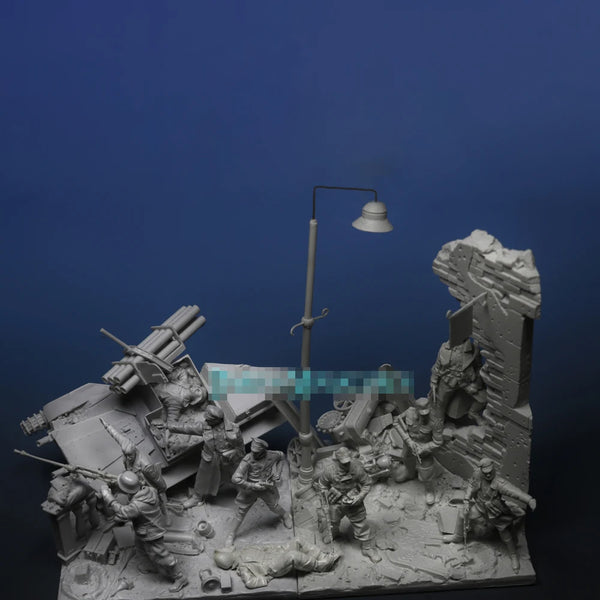 1/35 WWII Combat with Soldiers and Ruined Building, 9 Figures, Resin Model Diorama Kit, Unassembled and Unpainted