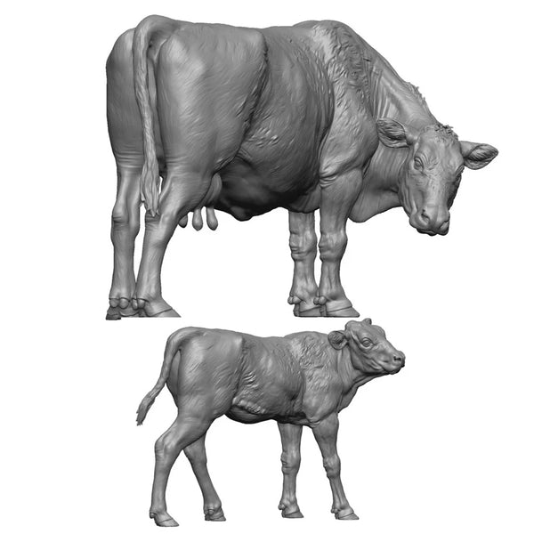 1/35 Grazing Cow and Calf, 2 Figures, Resin Model Creature Kit, Wildlife Theme, Unassembled and Unpainted