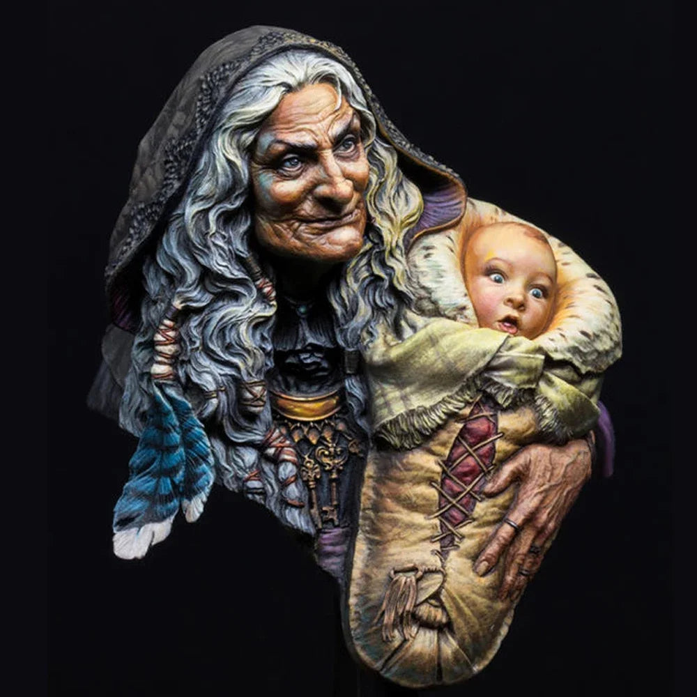 1/10 Old Woman with Baby, 2 Figures, Resin Model Bust Kit, Fantasy Theme, Unassembled and Unpainted