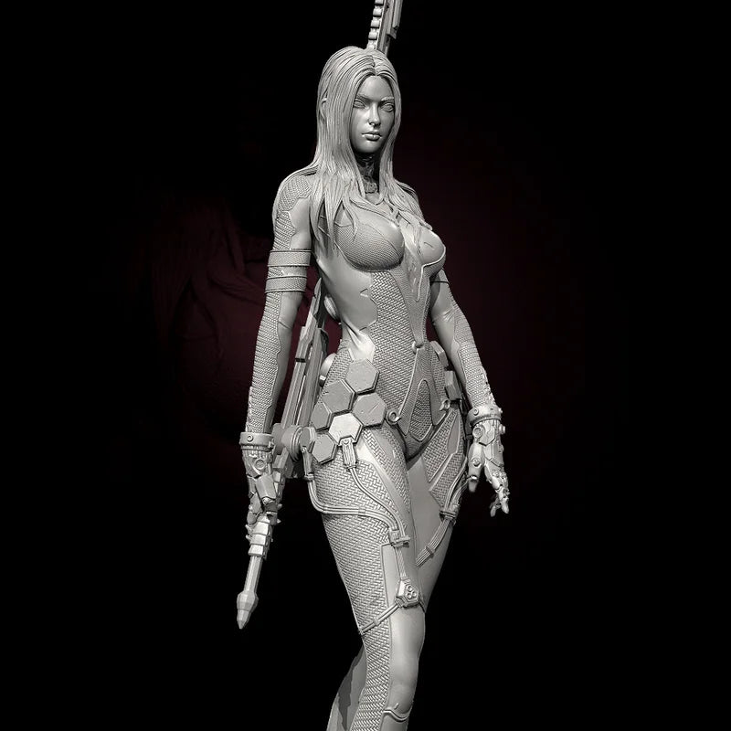 75mm Tactical Female Warrior with Orange-Accented Armor, Resin Model Figure Kit, Fantasy Theme, Unassembled and Unpainted