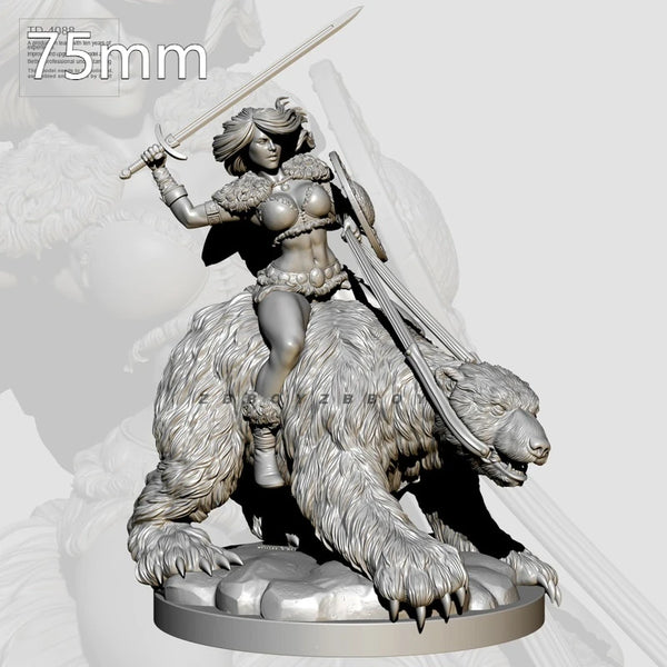 55mm Medieval Female Warrior on Beast Mount, Resin Model Figure Kit, Unassembled and Unpainted