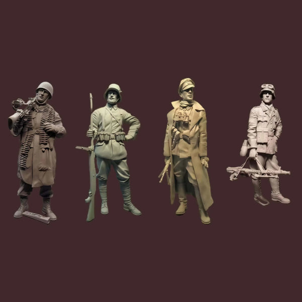 1/16 WWII German Infantry in Varied Uniforms, 4 Figures, Resin Model Figure Kit, Unassembled and Unpainted