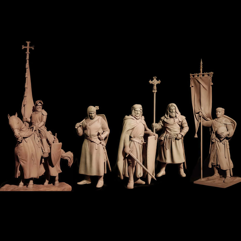 1/24 Ancient Crusader Knights with Cross Banner, 5 Figures, Resin Model Figure Kit, Unassembled and Unpainted