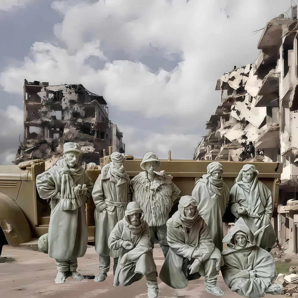 1/35 WWII Combat Team in Urban Ruins, 11 Figures, Resin Model Diorama Kit, Unassembled and Unpainted