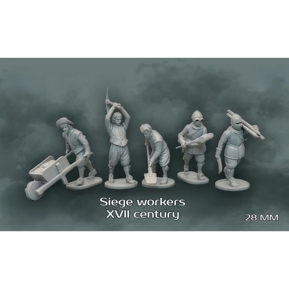 28mm Medieval Siege Workers, 5 Figures, Resin Model Figure Kit, Unassembled and Unpainted