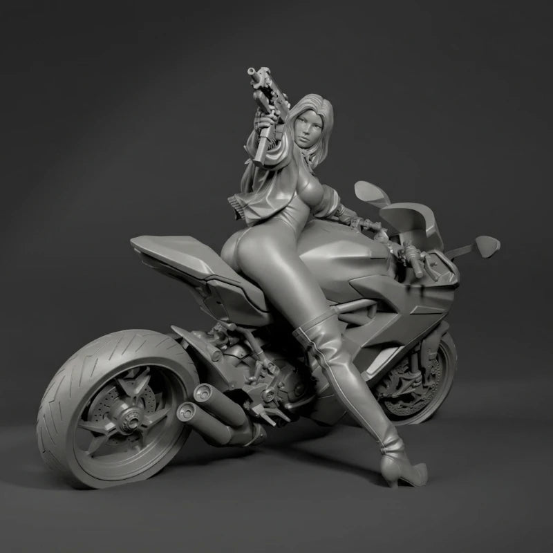 75mm Modern Female Biker on Motorcycle, Resin Model Figure Kit, Unassembled and Unpainted