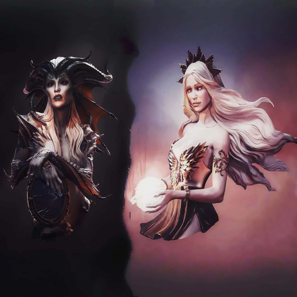 1/10 Goddess of Light and Darkness, 2 Figures, Resin Model Bust Kit, Fantasy Theme, Unassembled and Unpainted