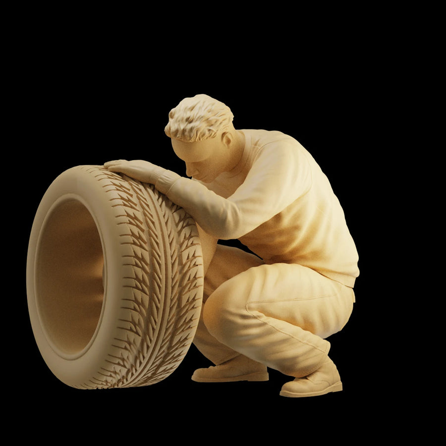 3D Print 1/64 Tire Repairman Worker Figure Diorama Mini Doll Scene Creative Photography Props Figurine Model Display for Cars