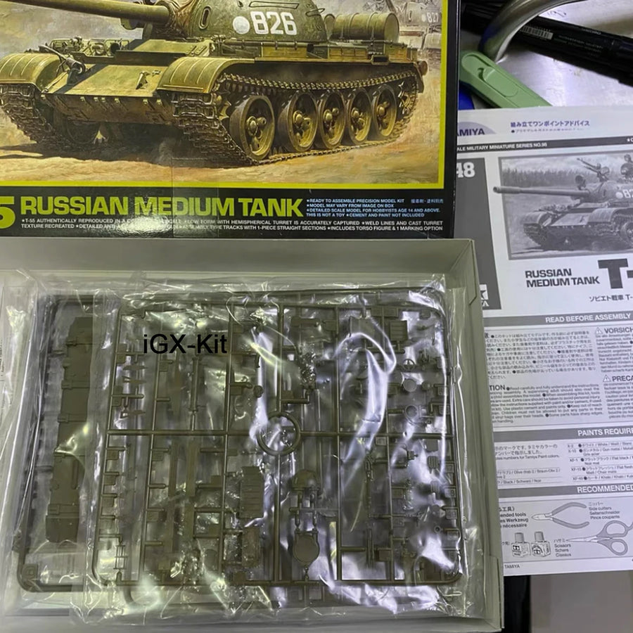 Tamiya 32598 1:48 Scale Russian T55 Medium Tank Military Hobby Plastic Model Building Assembly Kit