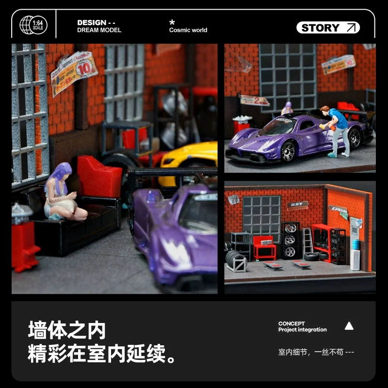 1/64 Simulated Repair Workshop Automobile Maintenance Scene Garage Parking Lot Miniature Figure for Car Model Decor