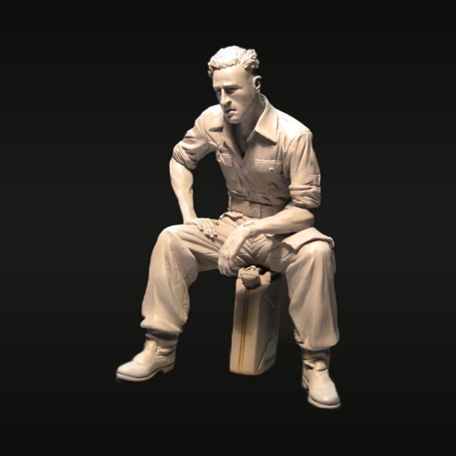 WWII Military Tradesman Seated with Mallet on Crate 1/16 Resin Figure Kit - unpainted resin model kit