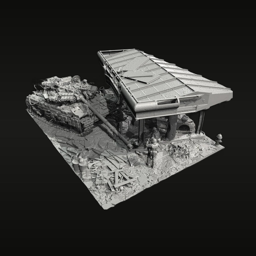 Modern Urban Warfare Fuel Station Diorama with MBT 1/35 Resin Kit - unpainted resin model kit