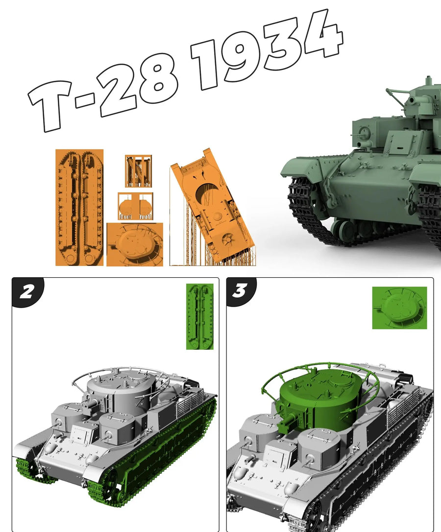 Soviet T-28 1934 Medium Tank MRY-SFW SS582 1/48 1/64 S Scale Military Model Kit