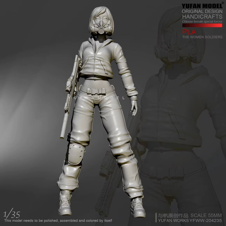 Modern Female Tactical Operator with Gas Mask & Rifle 1/35 Resin Figure Kit - resin model view 2