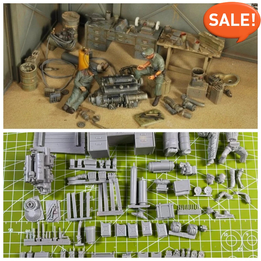 WWII German Engine Maintenance Diorama 1/35 Resin Painted Set - resin model view 4
