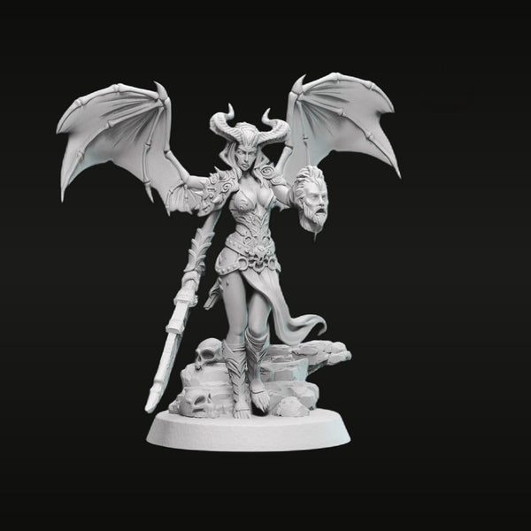 Fantasy Female Demon Lilith with Bat Wings, Staff & Severed Heads 43mm Resin Figure Kit