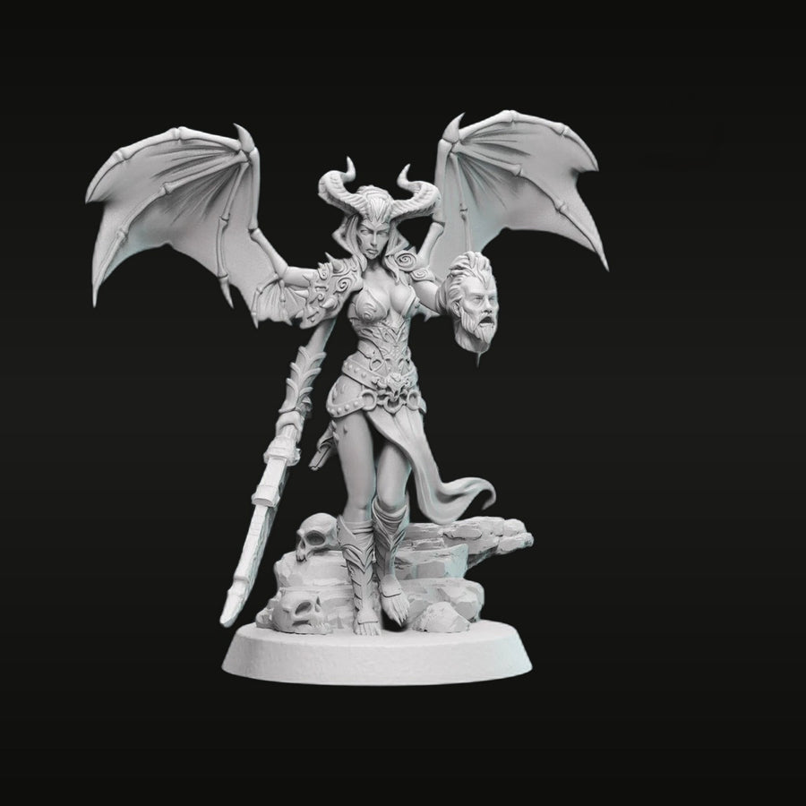 Fantasy Female Demon Lilith with Bat Wings, Staff & Severed Heads 43mm Resin Figure Kit - unpainted resin model kit
