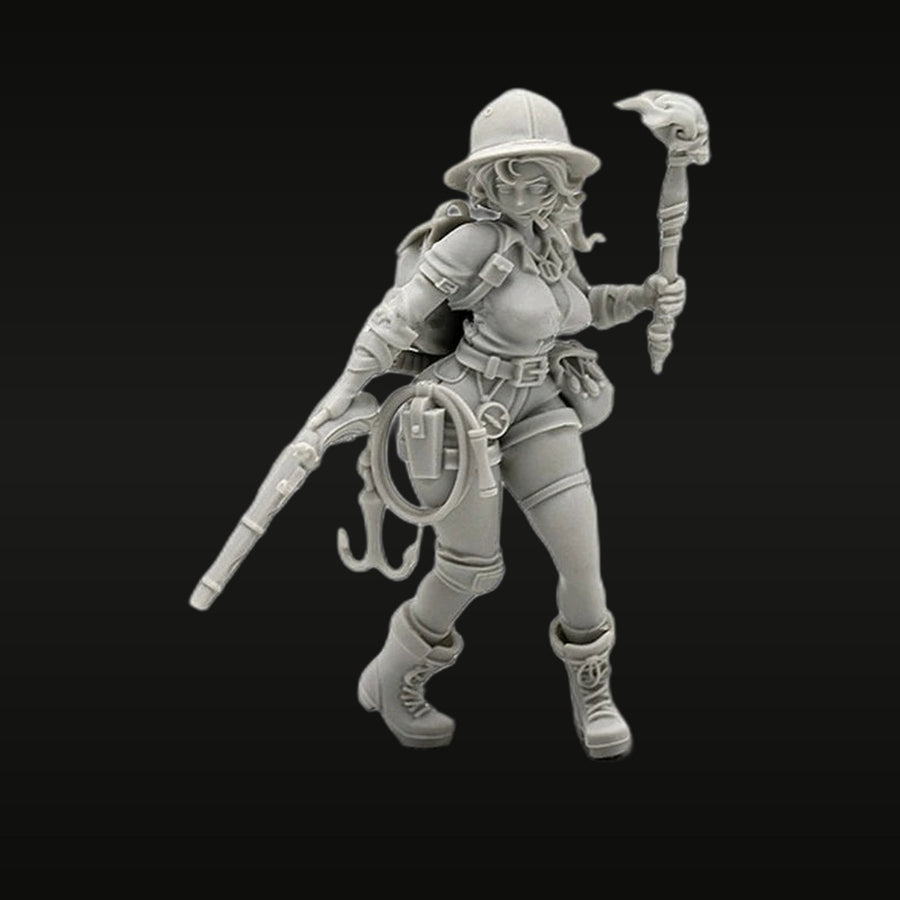 Steampunk Female Explorer with Rifle and Raptor Staff 28mm Resin Figure Kit - unpainted resin model kit