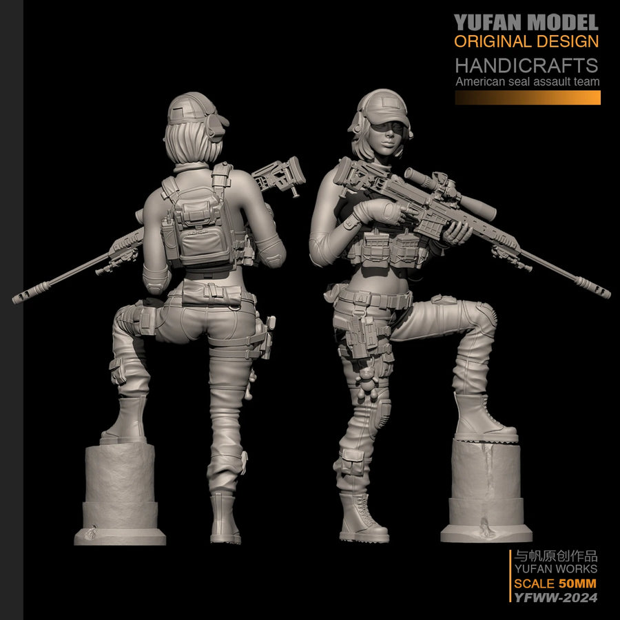 Modern Female Tactical Operators with Rifles 50mm & 28mm Resin Figure Set - resin model view 3