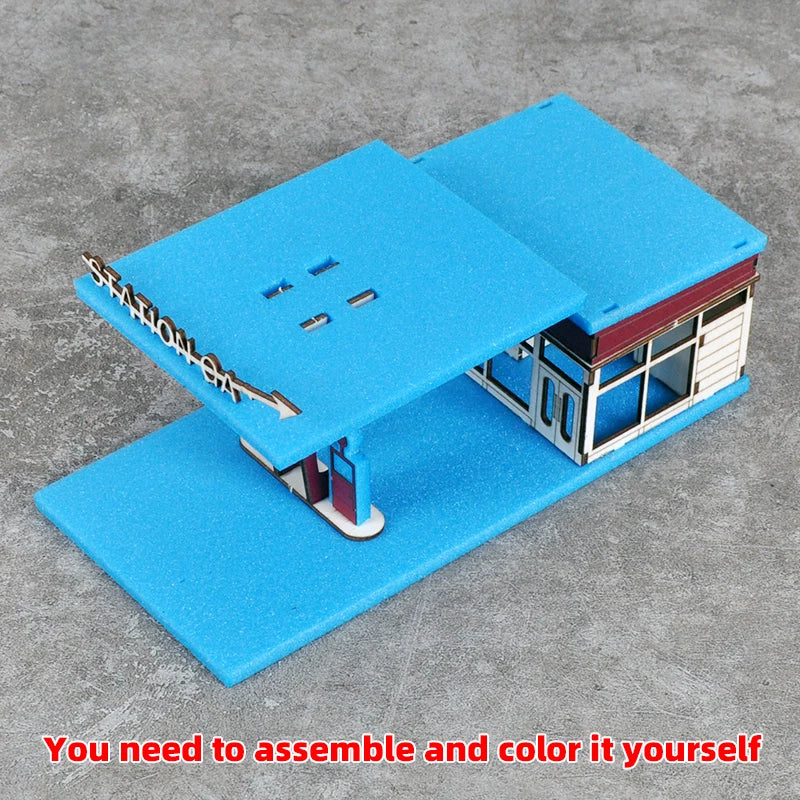 Assembly Architectural Model Sand Table Gas Station Filling Petrol Service Station Modern and Car Scale Model Kit 1/64