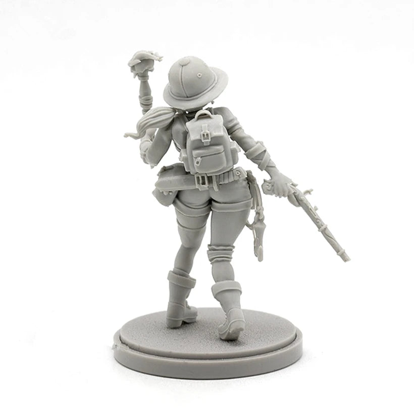 Steampunk Female Explorer with Rifle and Raptor Staff 28mm Resin Figure Kit - resin model view 2
