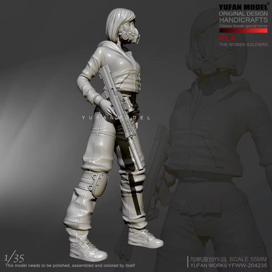 Modern Female Tactical Operator with Gas Mask & Rifle 1/35 Resin Figure Kit - resin model view 3