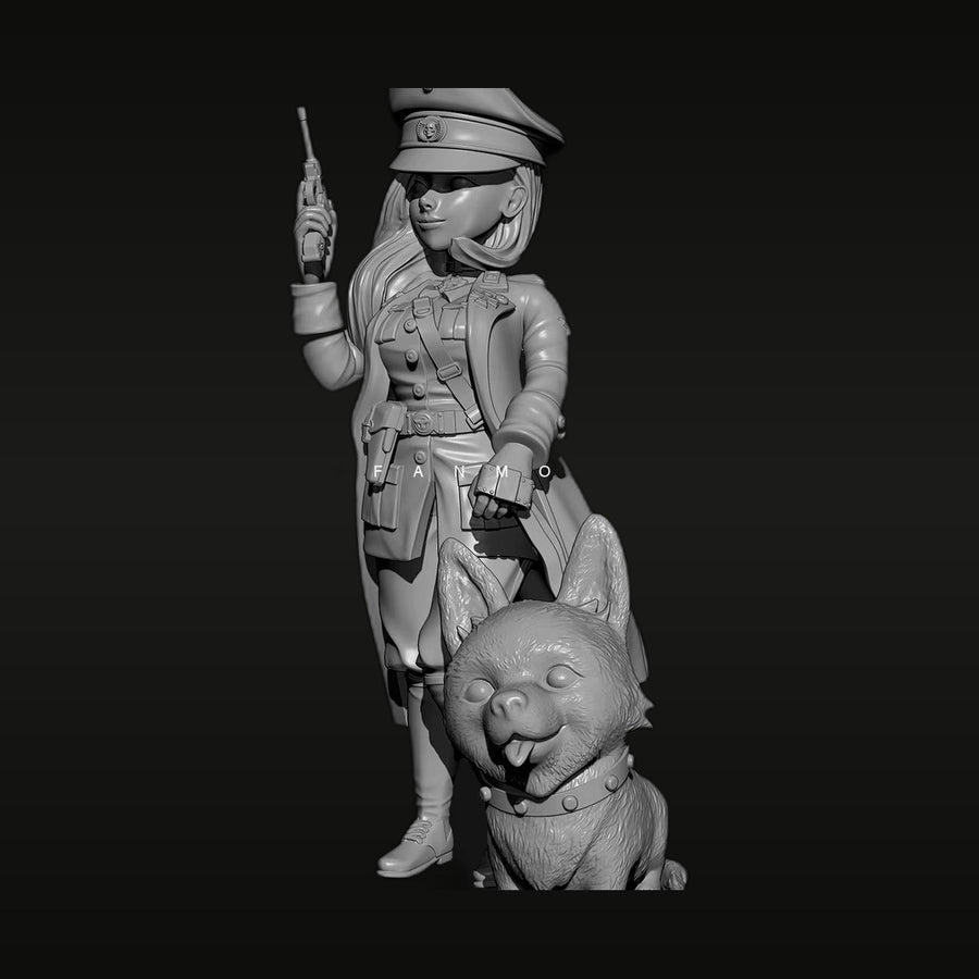 Stylized Female Officer with Cartoon Dog 55mm Resin Figure Kit - unpainted resin model kit