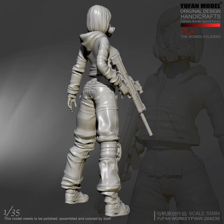 Modern Female Tactical Operator with Gas Mask & Rifle 1/35 Resin Figure Kit - resin model view 5