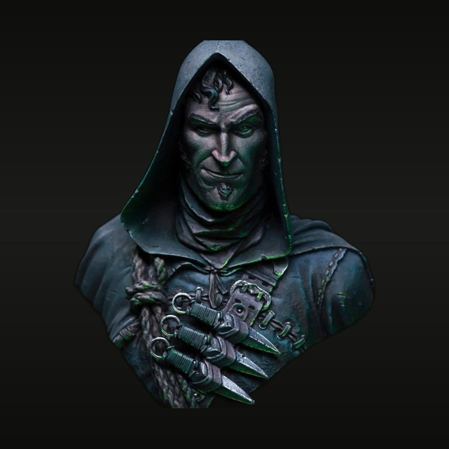 Fantasy Hooded Assassin with Blade Gauntlets and Glowing Eyes Resin Bust Kit - unpainted resin model kit