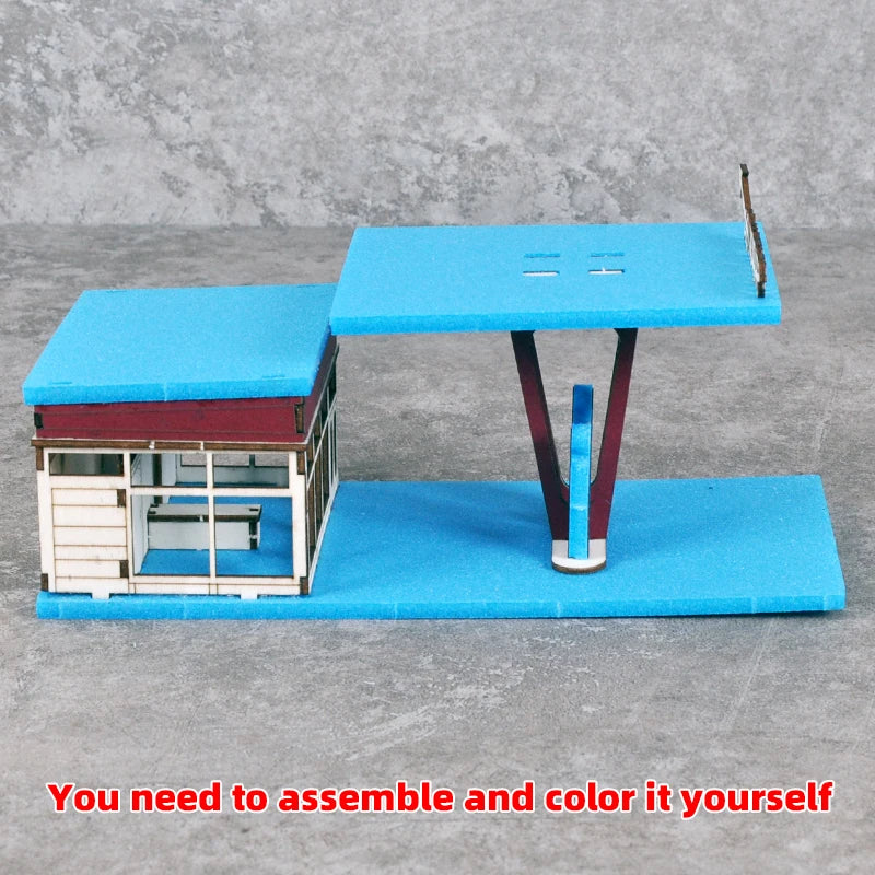 Assembly Architectural Model Sand Table Gas Station Filling Petrol Service Station Modern and Car Scale Model Kit 1/64