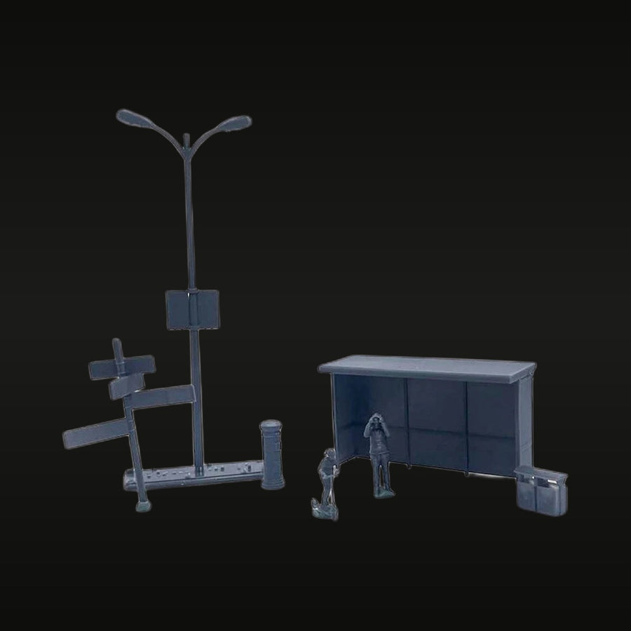 Bus Station Diorama Set 1/64 Scale Resin Terrain Kit with Figures - unpainted resin model kit