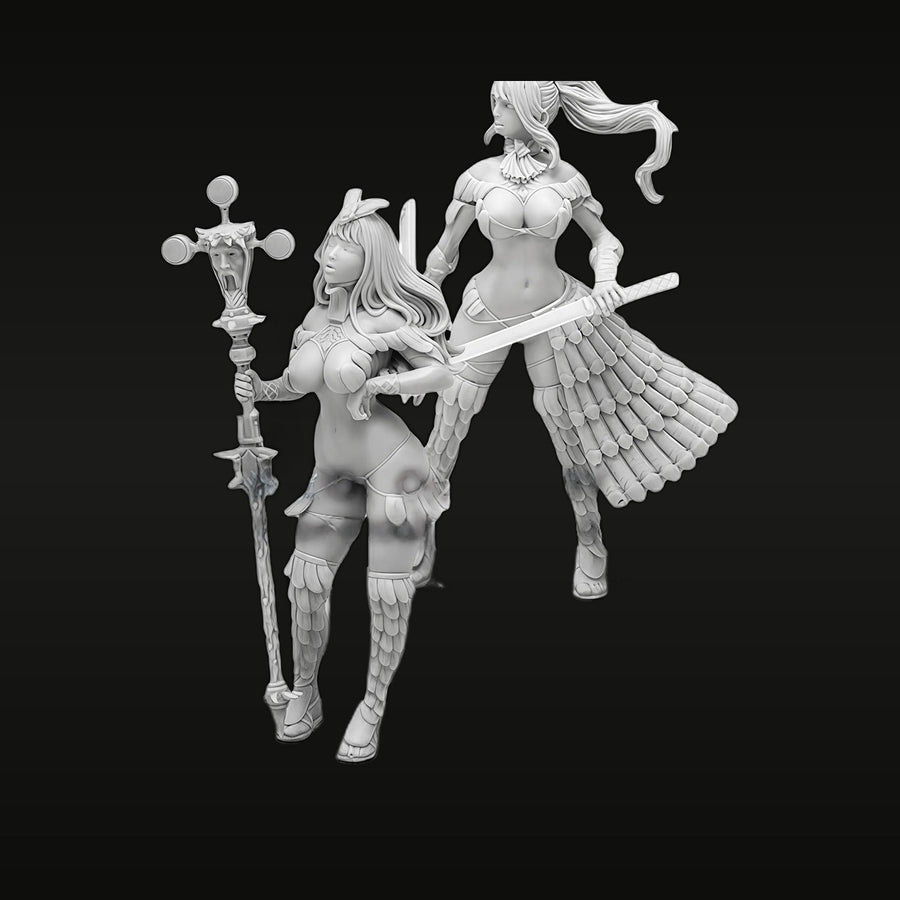 Fantasy Female Warrior and Mage with Staff and Sword 40mm Resin Figure Kit - unpainted resin model kit