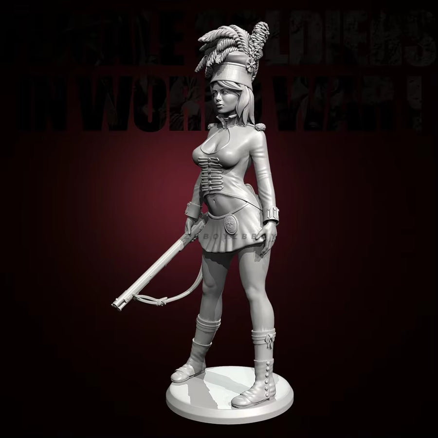 Fantasy Female Hussar with Feathered Shako and Musket 38mm Resin Figure Kit - resin model view 3