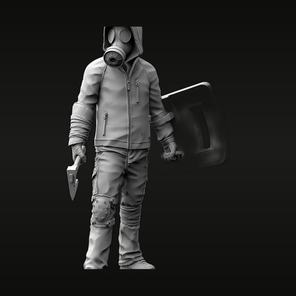 Post-Apocalyptic Survivor Gas Mask with Knife and Riot Shield 1/35 Resin Figure Kit