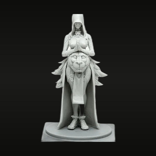 Ancient Fantasy Female Priestess with Lion Armor and Hooded Cowl Resin Figure Kit