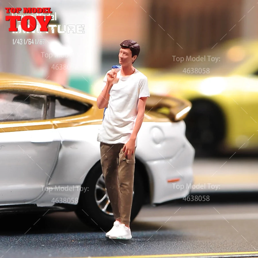 Painted Miniatures 1/64 Grey Vest Boy Jacket White T-Shirt Man Mini Scene Props Doll Unpainted Model for Cars Vehicles Toys