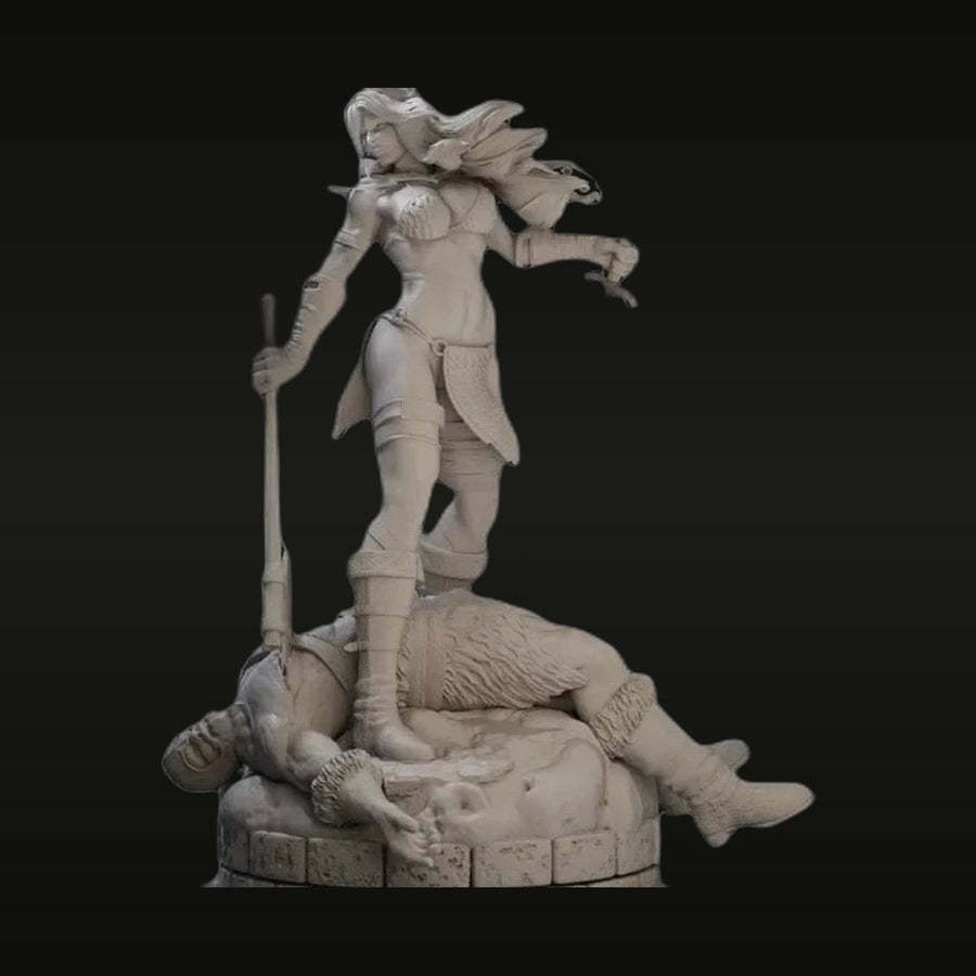 Fantasy Female Warrior Standing on Defeated Dragon 1/24 Resin Bust Kit - unpainted resin model kit