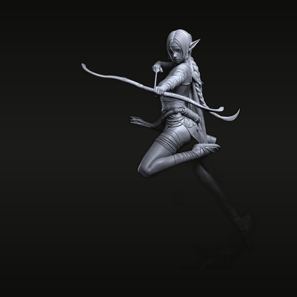 Fantasy Female Elf Archer with Curved Bow Leap Pose 1/24 Resin Figure Kit