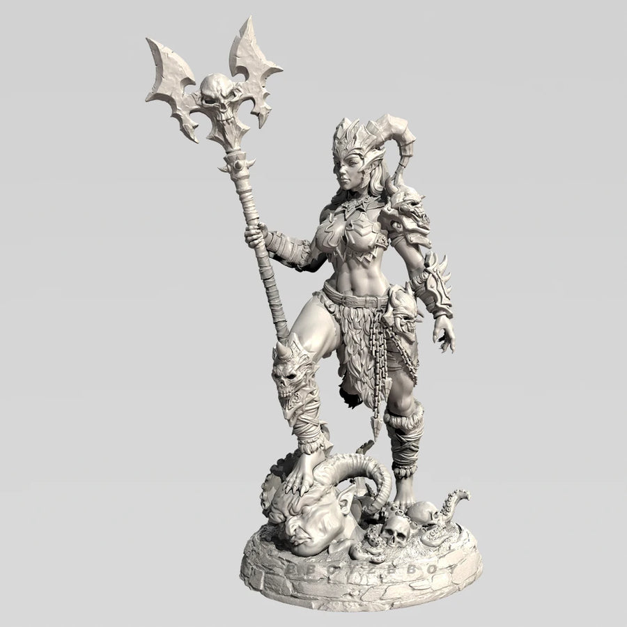 Fantasy Female Demon Queen with Double-Bladed Axe Staff 38mm Resin Figure Kit - resin model view 3