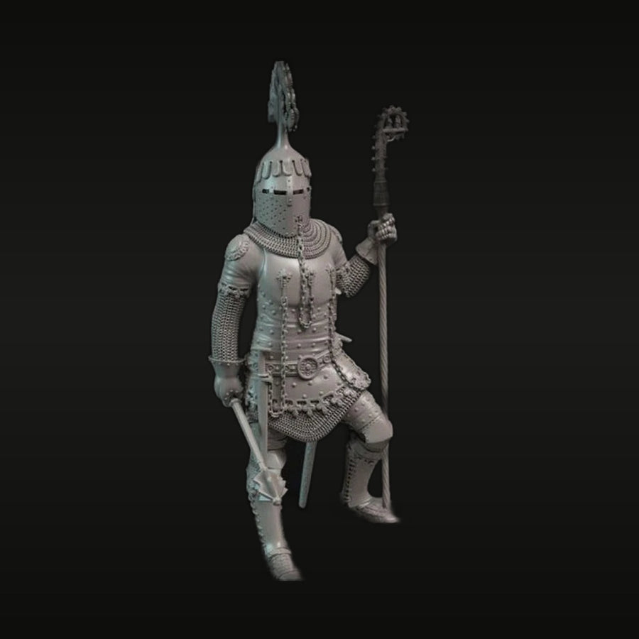 Late Medieval Armored Knight with Crested Helm and War Mace 75mm Resin Figure Kit - unpainted resin model kit