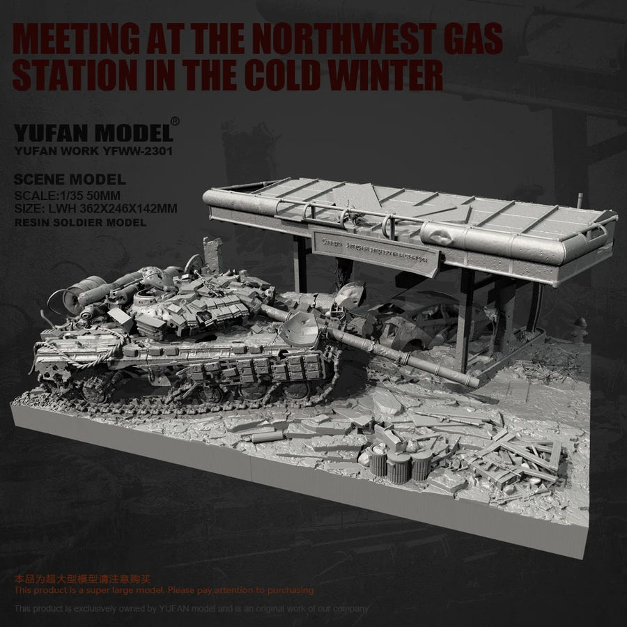 WWII Destroyed Gas Station Diorama with Damaged Tank 1/35 Resin Kit - resin model view 2
