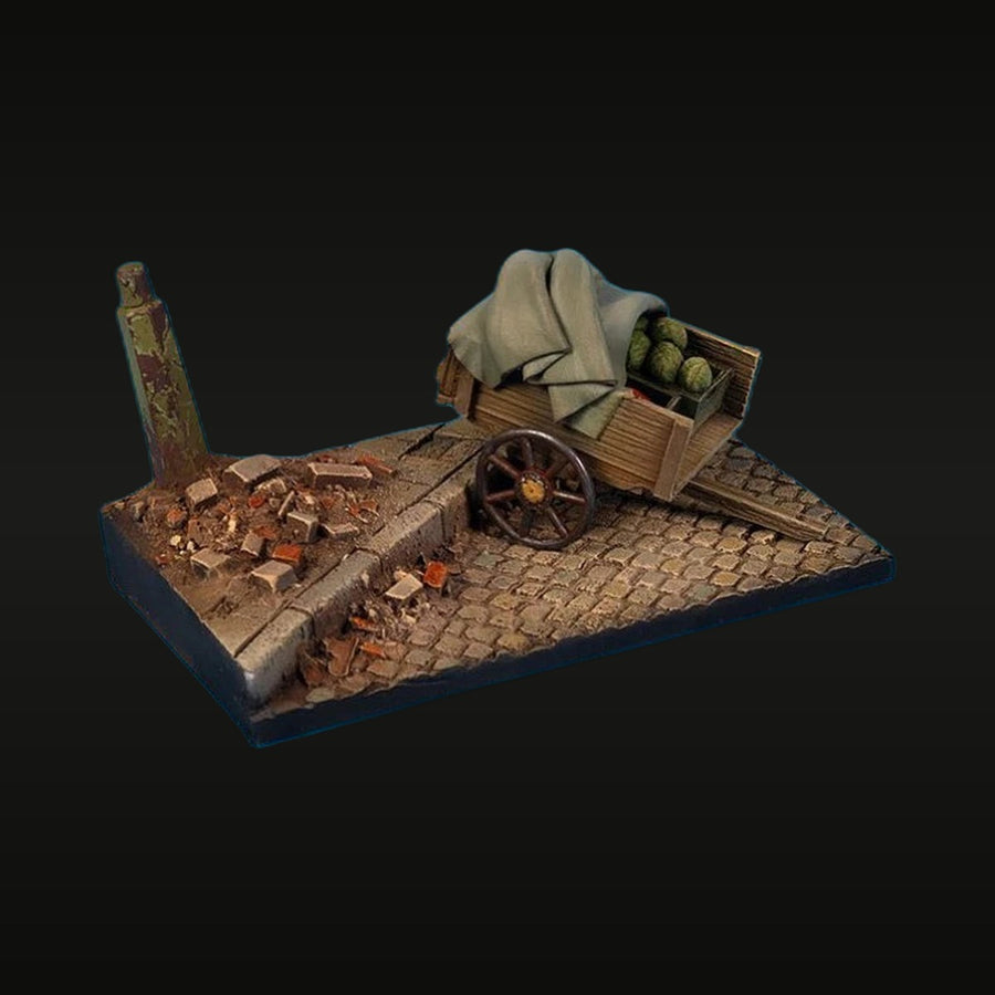 Medieval Cart Diorama Base with Ruins 1/35 Resin Display Kit - unpainted resin model kit