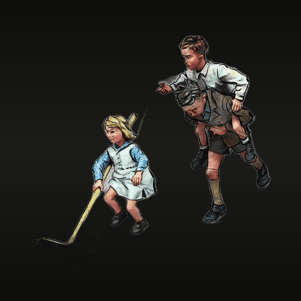 1940s Children with Hockey Stick and Piggyback Pose 1/32 Resin Figure Set