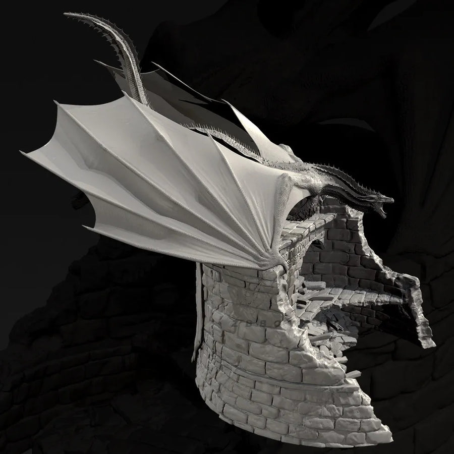 Fantasy Green Dragon on Ruined Tower Diorama 75mm Resin Kit - resin model view 2