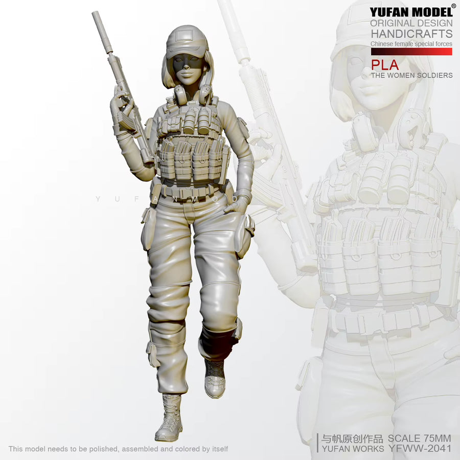 Modern Female Tactical Operator with Pistol 75mm Resin Figure Kit - resin model view 2