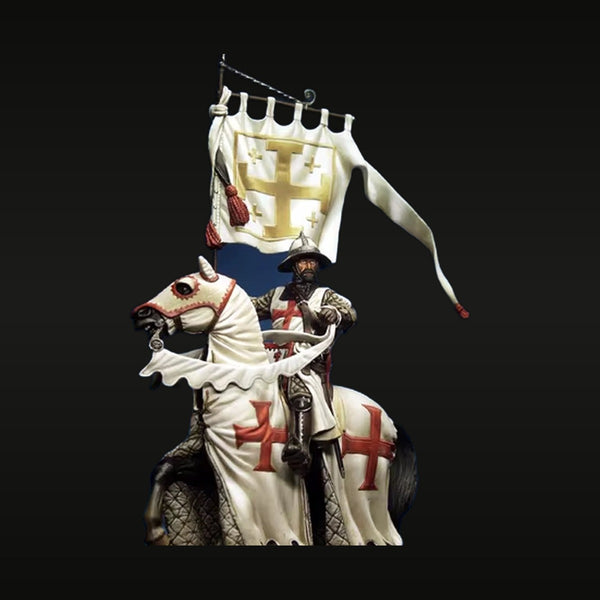 Medieval Crusader Knight on Horseback with Jerusalem Cross Banner 54mm Resin Figure Kit