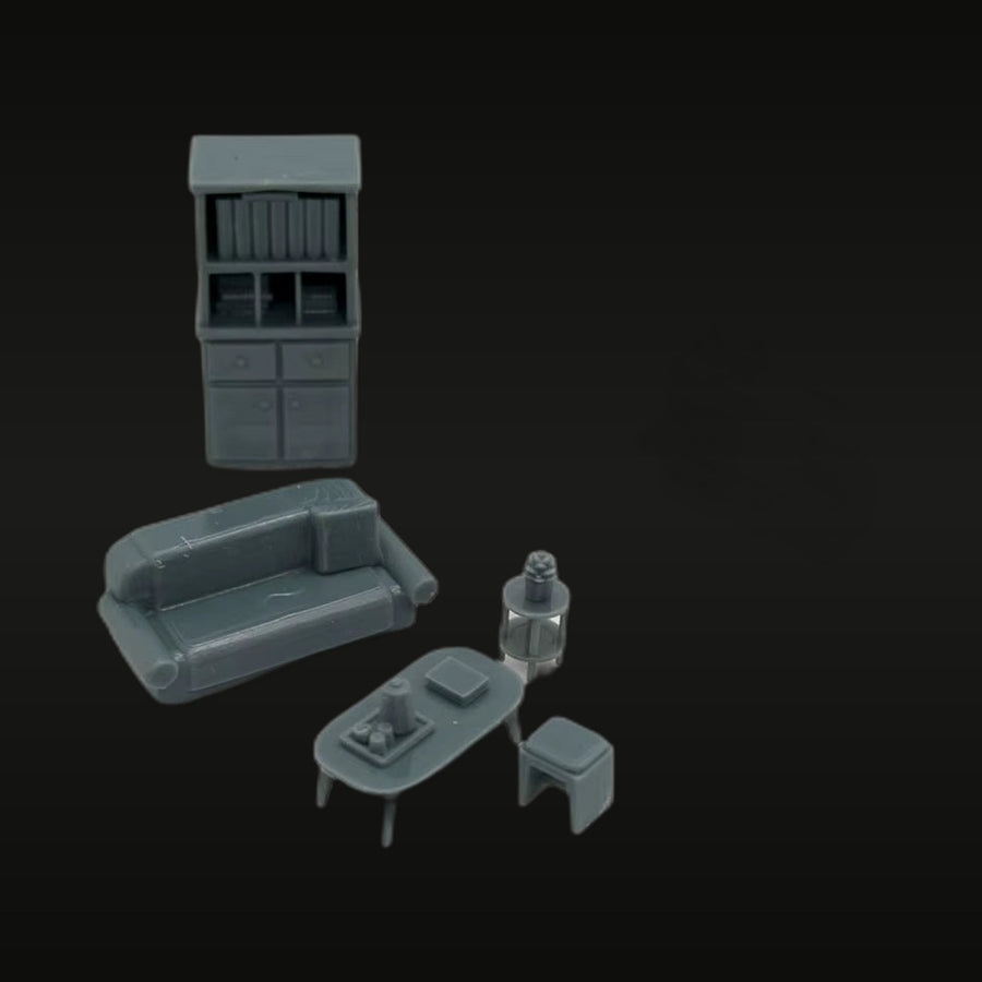 Living Room Furniture Set 1/64 Resin Diorama Kit - Sofa, Desk, Piano - unpainted resin model kit