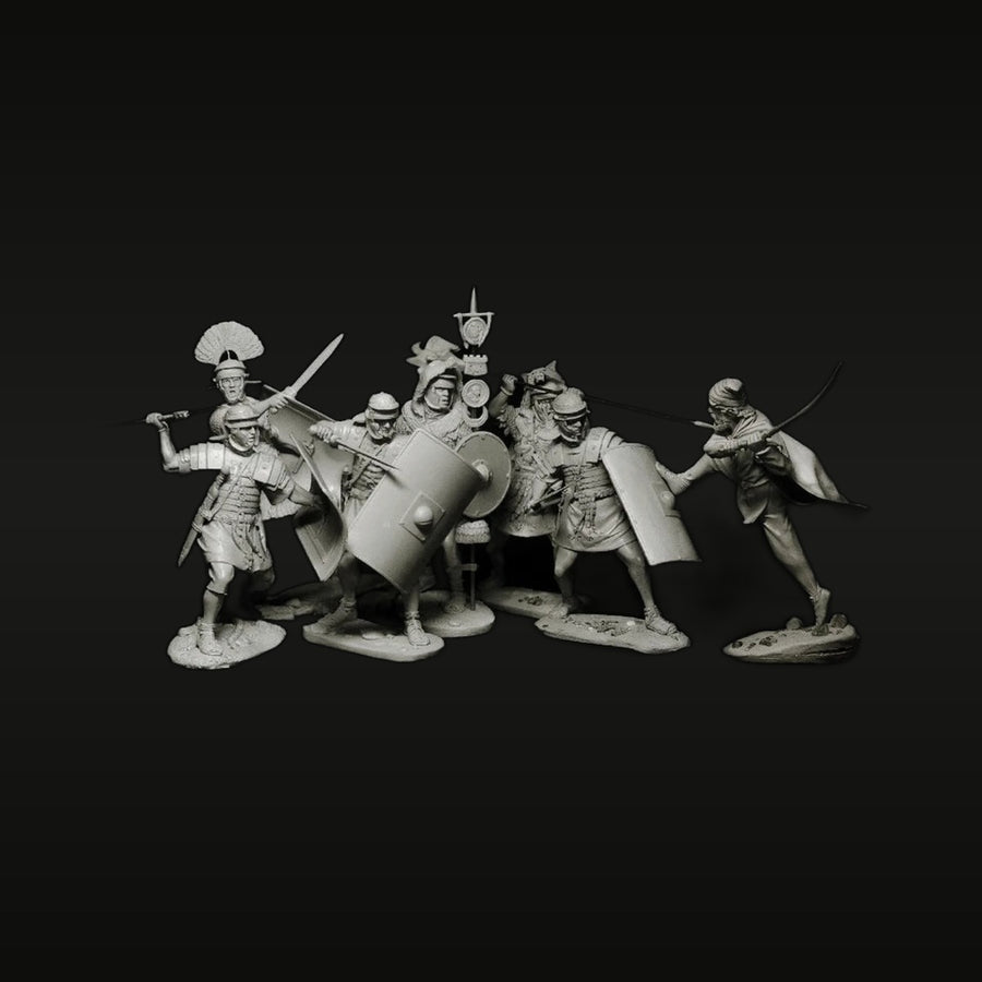 Ancient Roman Legionaries with Pila and Shields 75mm Resin Figure Set - unpainted resin model kit