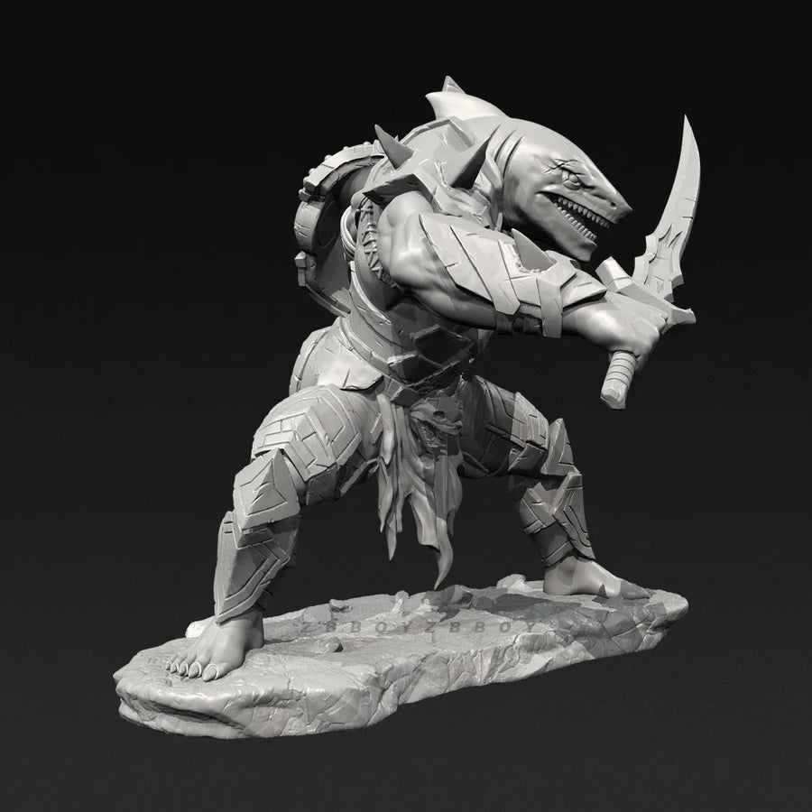 Fantasy Shark Beast Warrior with Saw Blade and Shield 38mm Resin Figure Kit - resin model view 3